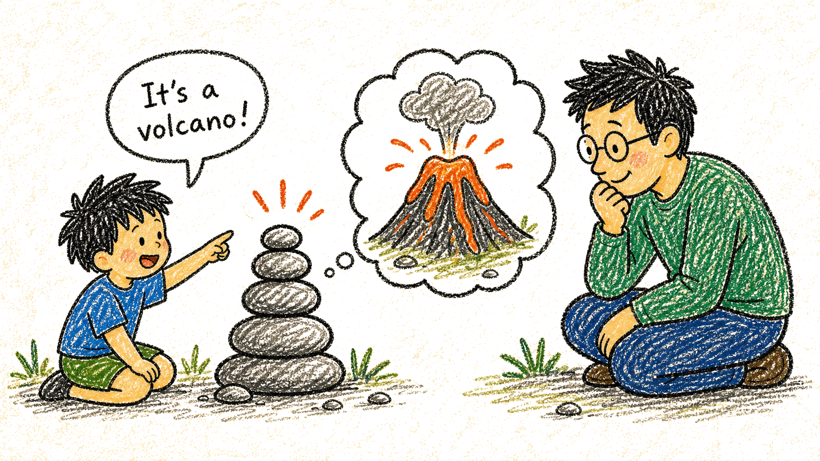 孩子把石堆想象成火山，爸爸在旁边思考的蜡笔插画